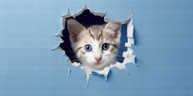 Cute Kitty che sbircia fuori da un buco nel muro buco strappato copia spazio vuoto frame mockup Weber di immagine AI generativa