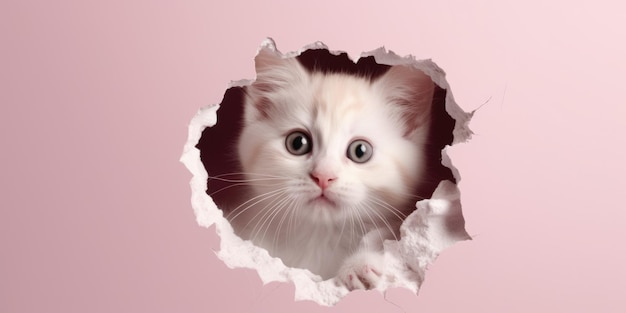 Cute Kitty che sbircia fuori da un buco nel muro buco strappato copia spazio vuoto frame mockup Weber di immagine AI generativa