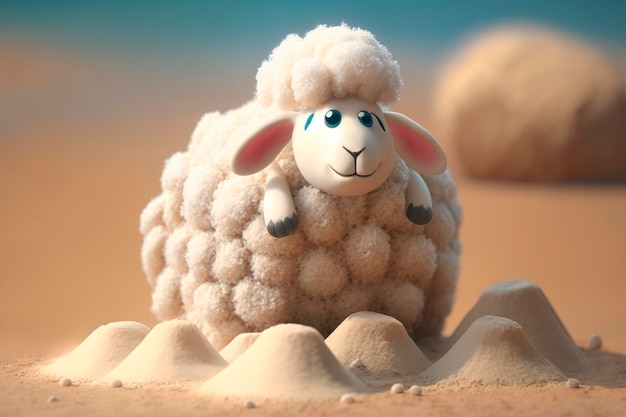 Cute Little Sheep giocando nella sabbia sulla spiaggia
