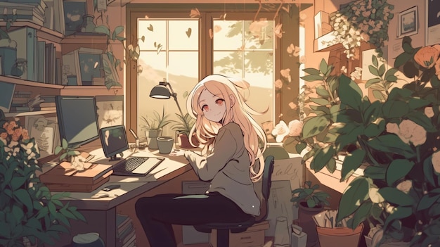 Cute Lofi Girl workstation sfondo sfondo femminile anime manga carino accogliente AI generativa