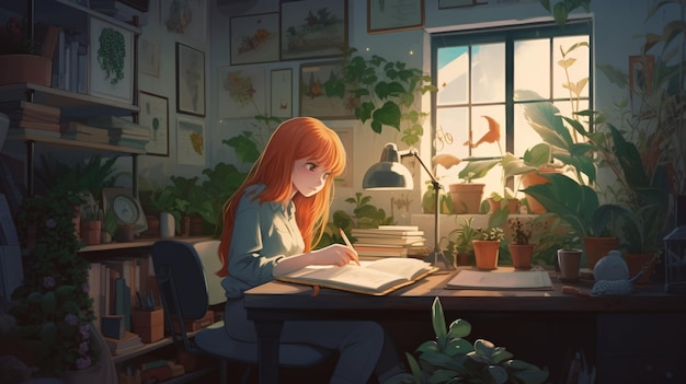 Cute Lofi Girl workstation sfondo sfondo femminile anime manga carino accogliente AI generativa