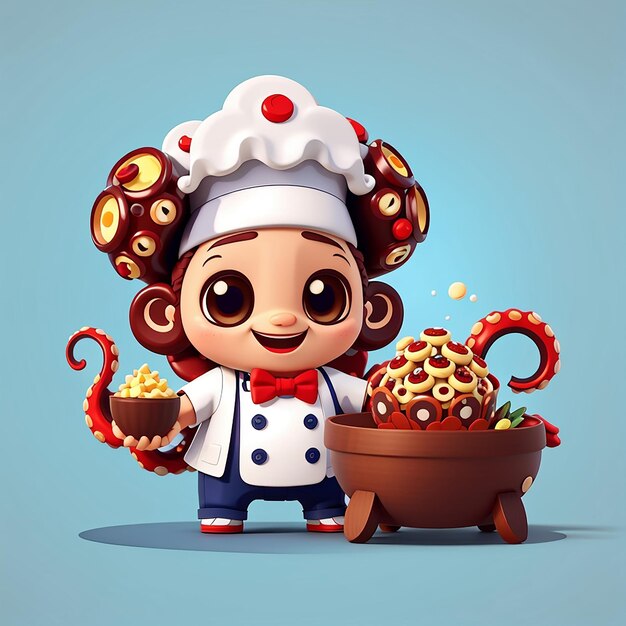 Cute Octopus Chef con Takoyaki Food Cartoon Icon Vector Illustrazione Animal Food Icon Concept Isolato Premium Vector Flat Cartoon Style
