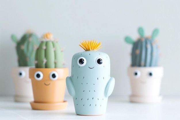 Cute piante succulente kawaii con occhi in vasi colorati Decorazione della casa