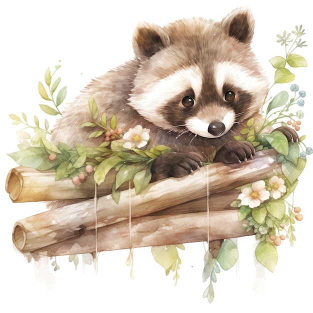 Cute Raccoon Delight Illustrazione ad acquerello dipinta a mano in palette di colori terrestri per Farmhouse Aesthe