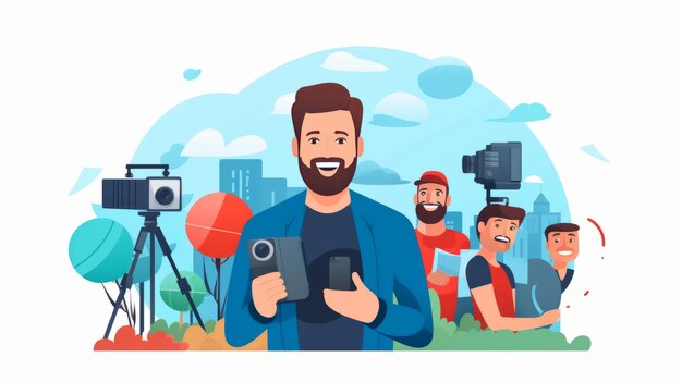 Cute reporter che trasmette notizie sulla telecamera cartone animato icona vettoriale illustrazione persone icona tecnologica