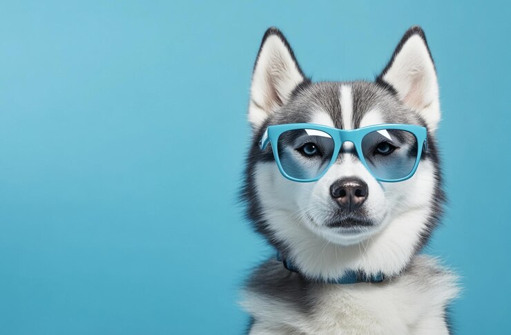 Cute siberian husky dog wearing blue sunglasses on blue background