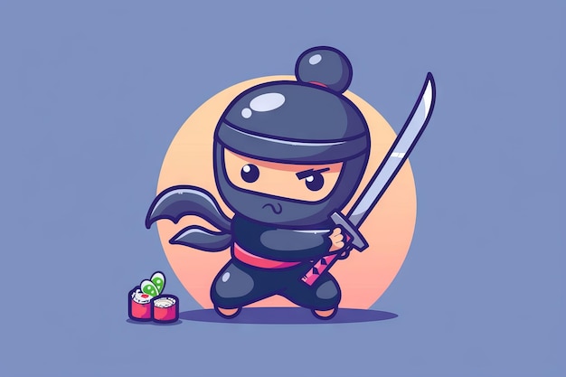 Cute Sushi Logo Ninja con la spada Katana Cartone animato Cibo giapponese Icona cartone animato Minimal Ninja