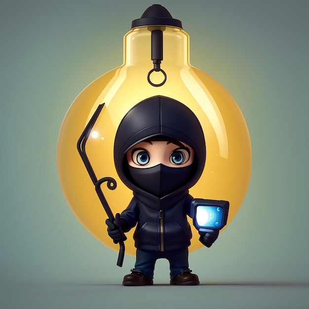 Cute Thief Steal Bulb Cartoon Icon Vector Illustrazione Persone Educazione Icon Concept Isolato Premium Vector Flat Cartoon Stile