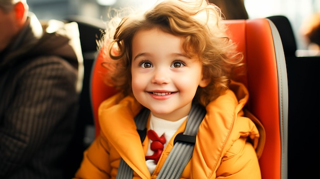 Cute toddler caucasica seduto nel seggiolino per auto guardando la fotocamera