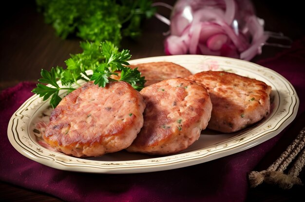 Cutlet di mortadella piatto polacco servito carne fritta servita con erbe verdi fresche Generare ai