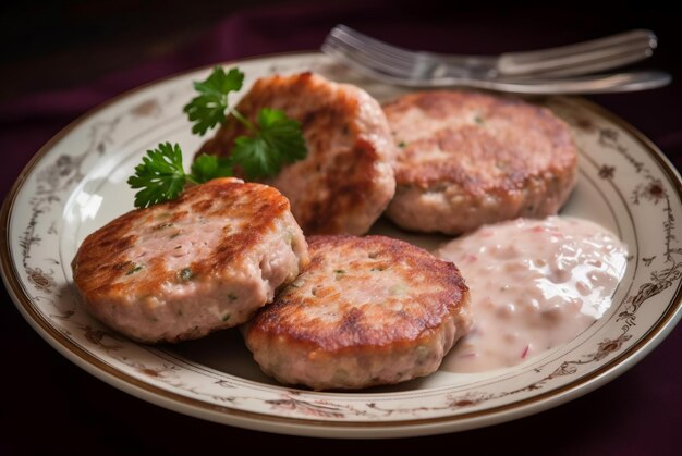 Cutlet di mortadella tradizionali lucidati con salsa Servire carne arrostita con erbe culinarie verdi Generare ai