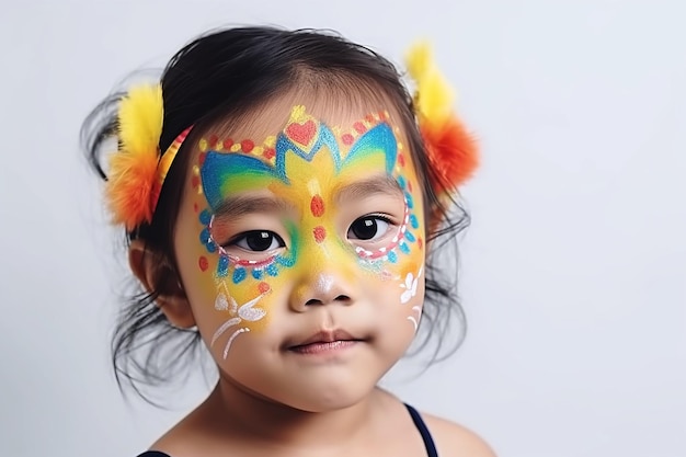 Cuttle ragazza asiatica che indossa vernice decorativa per il viso sorridendo felicemente