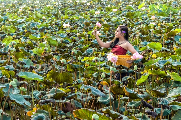 Cuture asiatico della Tailandia delle donne con il vestito tradizionale dal loto.