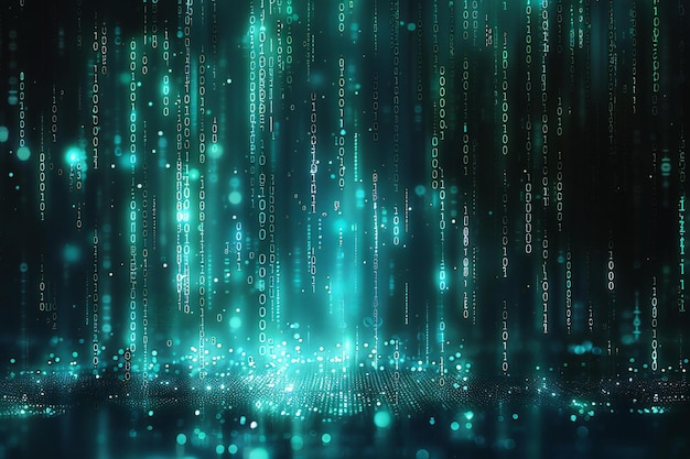 Cyan matrix code background binary numbers on a black screen a matrix green and blue background wi