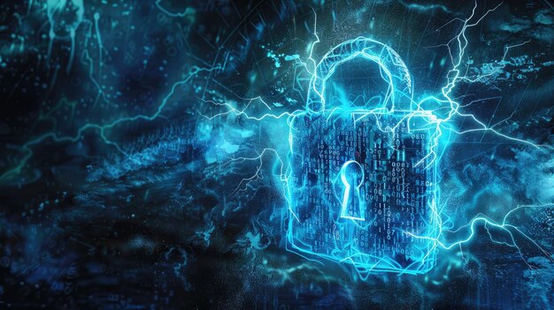 Cyber blu hot padlock su astratto sfondo di dati oscuri protezione digitale delle informazioni informatiche concetto di blocco sicuro privacy sicurezza di rete fulmine