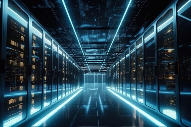 Cyber Data Center Neon Server Room con tecnologia futuristica