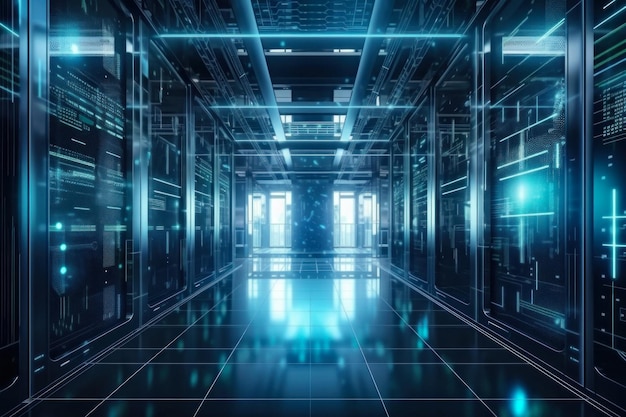 Cyber Data Center Neon Server Room con tecnologia futuristica