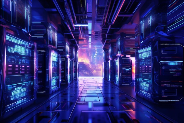 Cyber data center neon server room con tecnologia futuristica