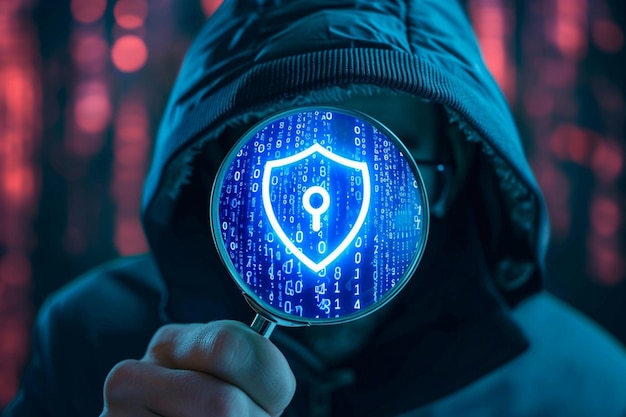 Cyber detective Hacker con un concetto di protezione dei dati con lente d'ingrandimento