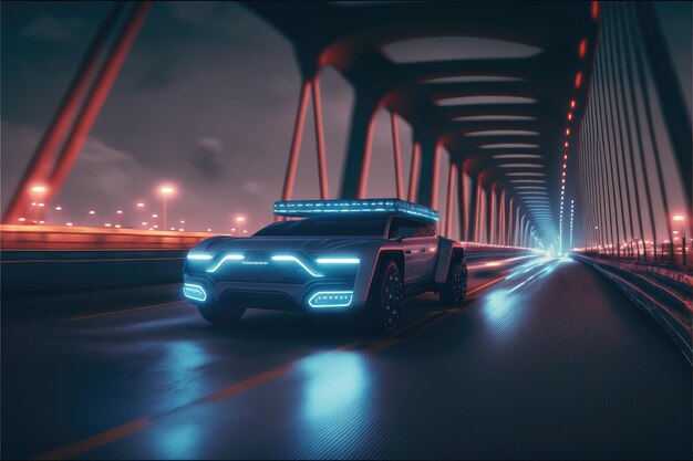 Cyber neon alla guida di un'auto sportiva a energia verde con tecnologia ibrida automobilistica