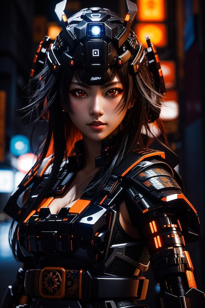 cyber samurai corpo pieno nero occhi arancioni luce sfondo scuro fotorealistico