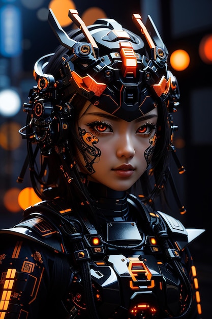 cyber samurai corpo pieno nero occhi arancioni luce sfondo scuro fotorealistico