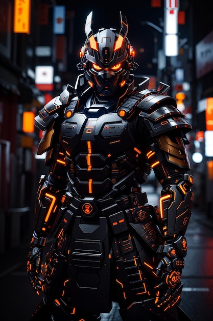 cyber samurai corpo pieno nero occhi arancioni luce sfondo scuro fotorealistico