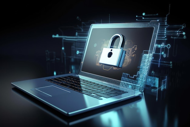 Cyber Security Concept Art Shield Key Lock che emerge dallo schermo del laptop su sfondo blu scuro
