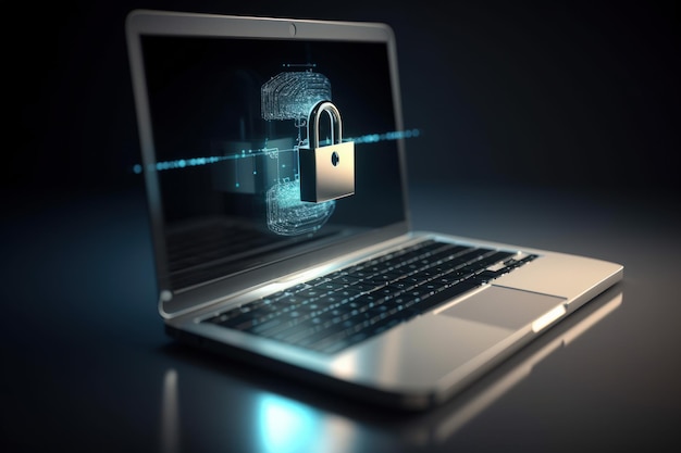Cyber Security Concept Art Shield Key Lock che emerge dallo schermo del laptop su sfondo blu scuro