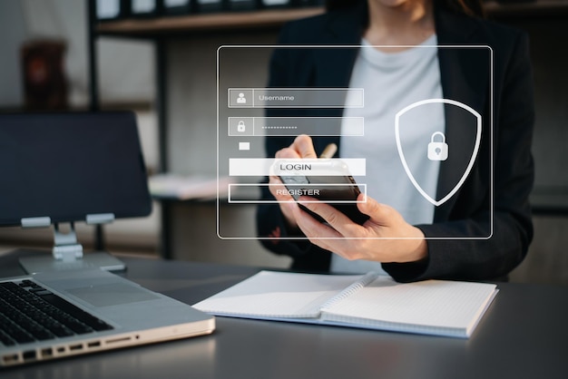 Cyber security concept Login User identification information security and encryption secure access to user's personal information woman using smart phone and tablet