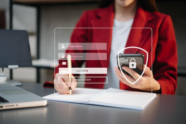 Cyber security concept Login User identification information security and encryption secure access to user's personal information woman using smart phone and tablet