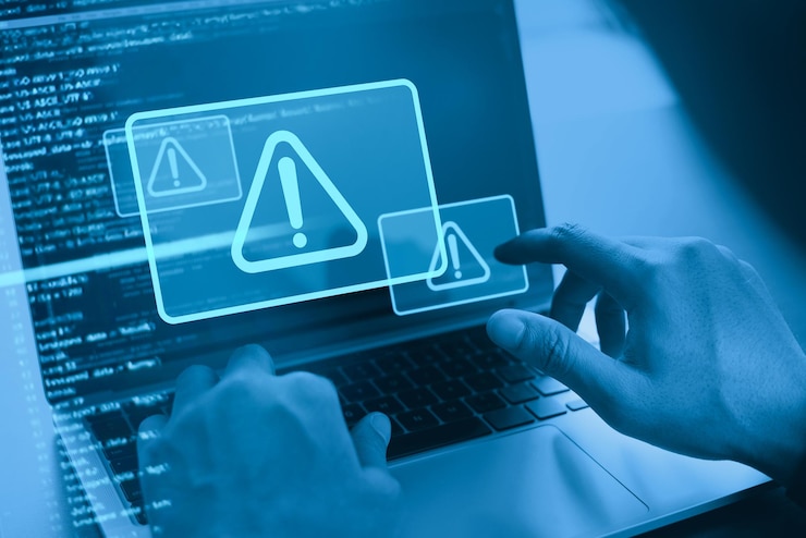 Photo cyber security concept man using computer with system hacked alert due to cyber attack on computer network data protection internet virus cyber security and cybercrime