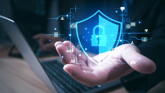 cyber security technology digital information lock mark cybersecurity internet protect attacks from a hacker concept of password privacy on an online system secure data from crime virus cyber
