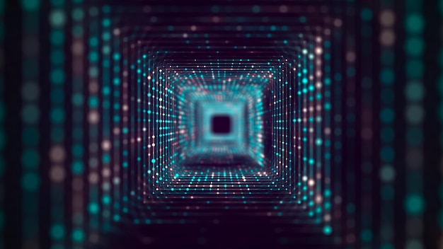 Cyber square tunnel consisting of moving glowing points Futuristic infinite space background Concept of data transfer in cyberspace Hitech illustration 3d rendering