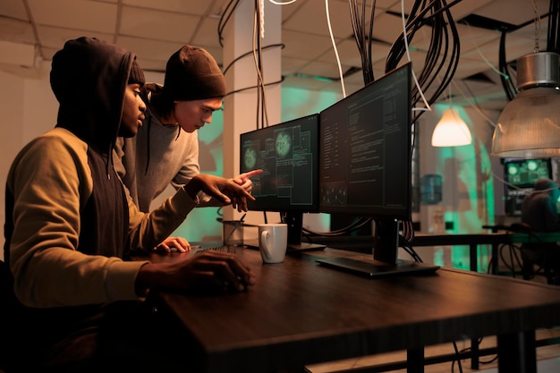 cyberattack, hackers team stealing government privacy information, data breach. cybercrime, diverse internet criminals hacking computer system, programming malicious software