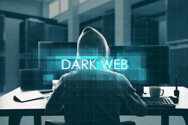 Cybercrime concept with digital dark web sign on hacker in hoodie back view in front of computers in abstract space