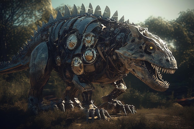 Cybernetic T REX Cacciatore di dinosauri alieni soldatogigante tirannosauro rex illustrazione generativa ai