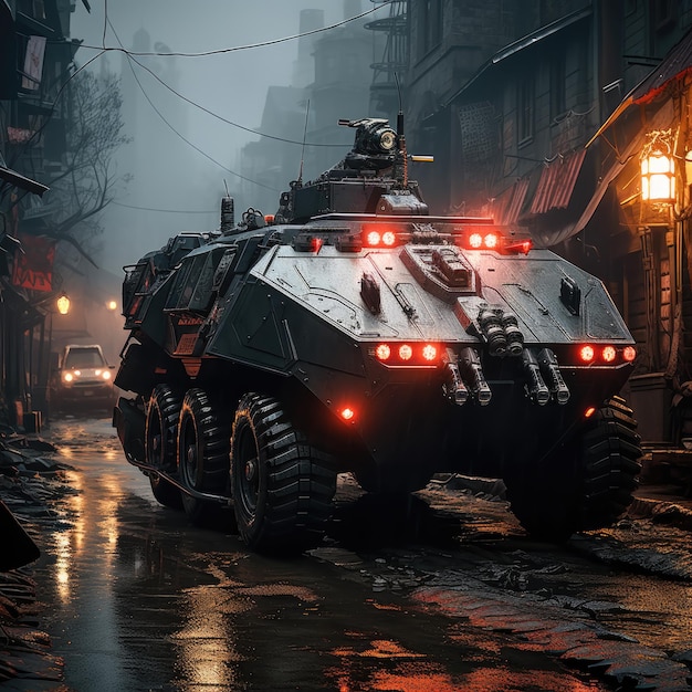 Cyberpunk APC ibrido carro armato moderno che pattuglia l'autostrada della città