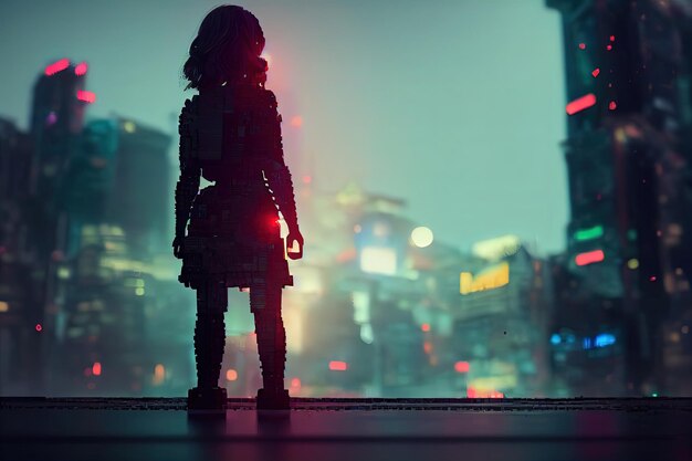 Cyberpunk bella ragazza con il corpo del costruttore di lego Cyberpunk metaverse Sfondo della città di notte