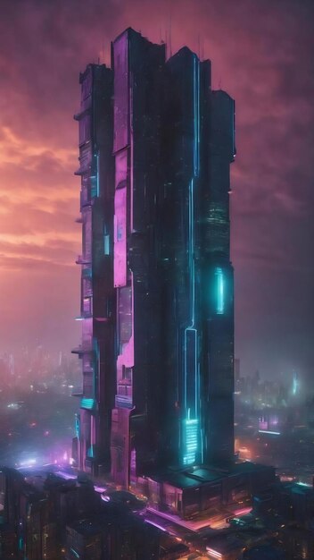 Cyberpunk città del futuro edifici di smog fatti di cemento e metallo luce di luci notturne render 3d