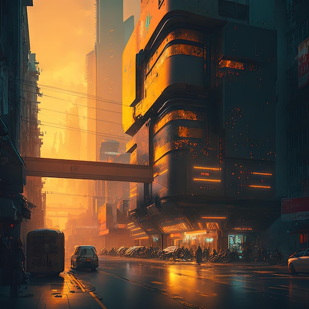 Cyberpunk City Silhouette Cityscape Urban Landscape Drawing Imitazione Abstract Generative AI Illustration