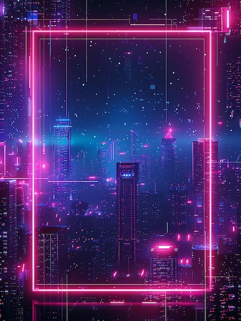 Cyberpunk Cityscape Arcane Frame con grattacieli futuristici Neon Color Background Art Collection