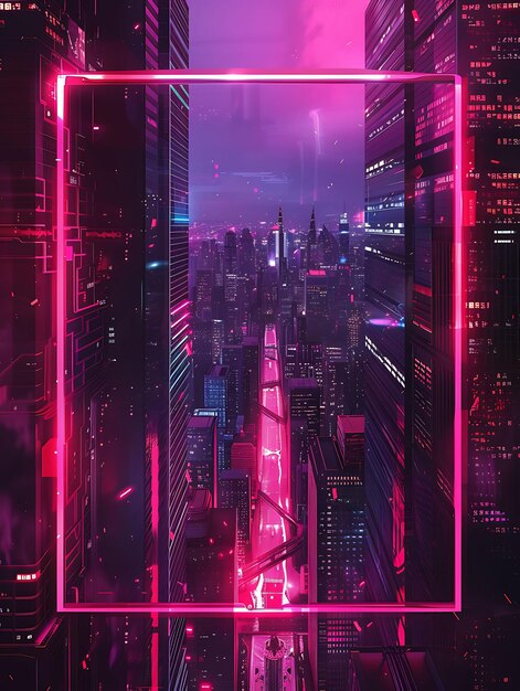 Cyberpunk Cityscape Arcane Frame con grattacieli futuristici Neon Color Background Art Collection