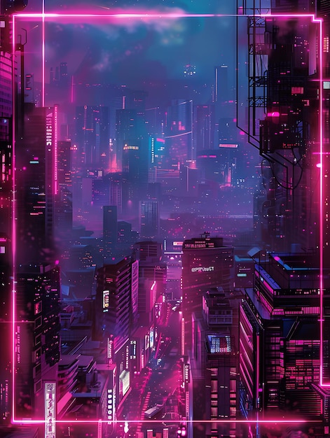 Cyberpunk Cityscape Arcane Frame con grattacieli futuristici Neon Color Background Art Collection