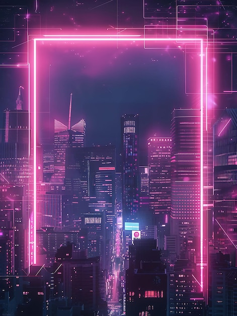 Cyberpunk Cityscape Arcane Frame con grattacieli futuristici Neon Color Background Art Collection