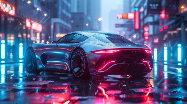 Cyberpunk concept car con esterno argento sullo sfondo di una città futuristica Scifi concept automobile con guida autonoma veicolo elettrico Cybercar concettuale in fantastico cyberpunk