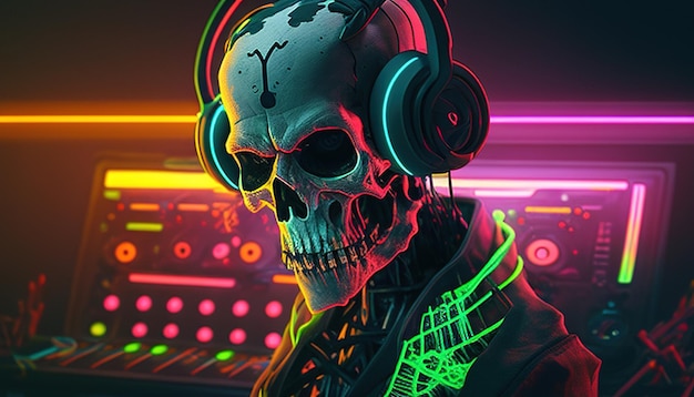 Cyberpunk cranio DJ arte digitale illustrazione AI generativa