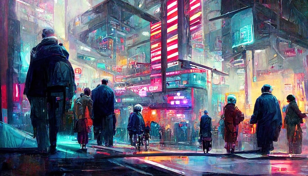 Cyberpunk è una città del futuro piena di illustrazione di strade tecnologiche di persone