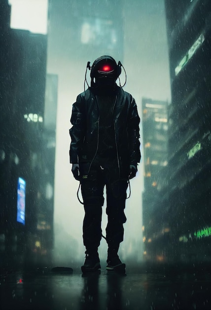 Cyberpunk fantascientifico nella piovosa città del futuro Uomo futuristico hightech del futuro