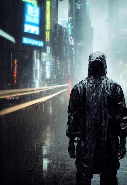 Cyberpunk fantascientifico nella piovosa città del futuro Uomo futuristico hightech del futuro